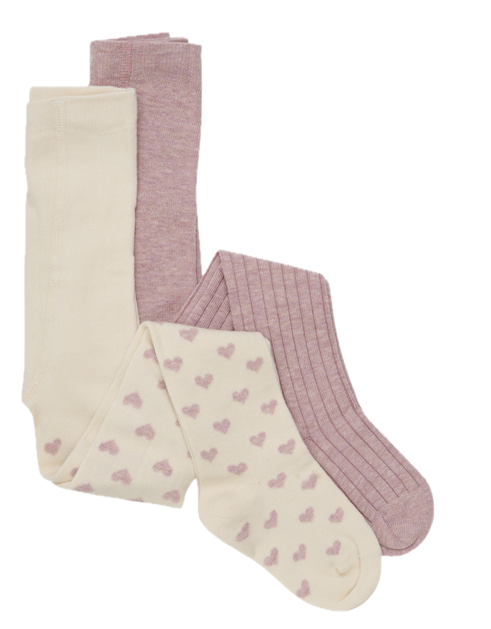 Minymo Strumpfhosen Pack Rosa Melange Gerippt nd Creme mit Altrosa Herzen Allover