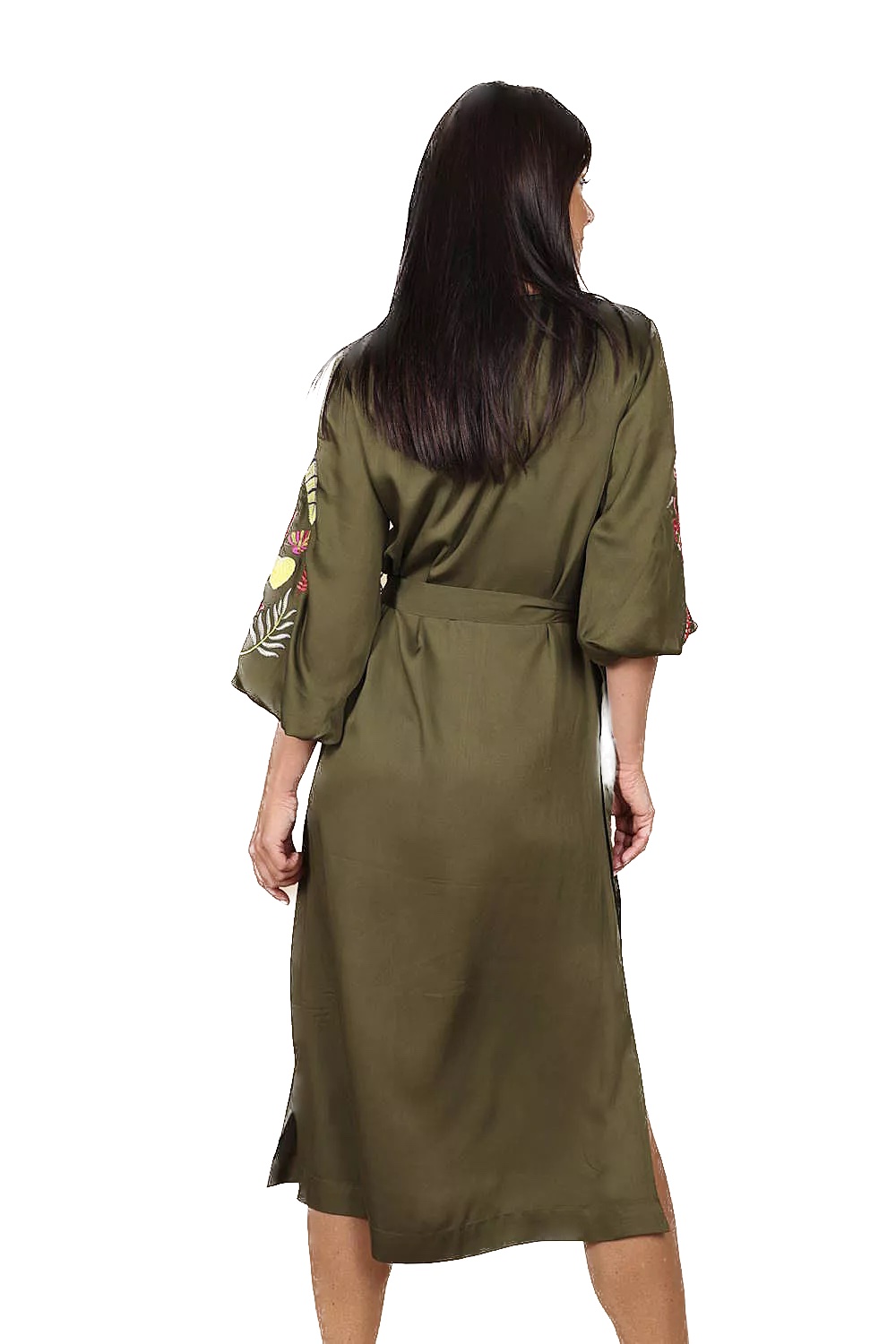 Yess Belgium Kleid Nona - Oliv mit Stickerei am Ärmel - SALE