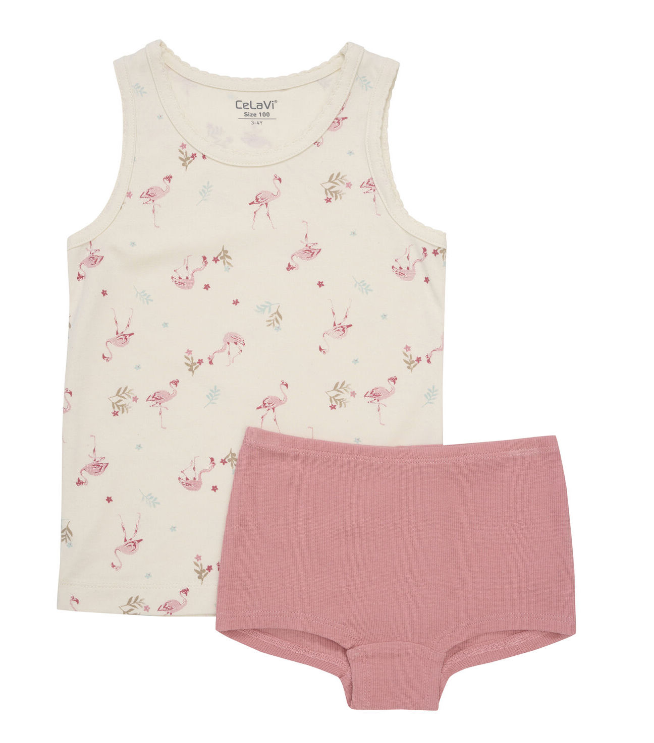 CeLaVi Bambus Unterhemd & Shorty Set - Rosa Unterhöschen & Flamingos
