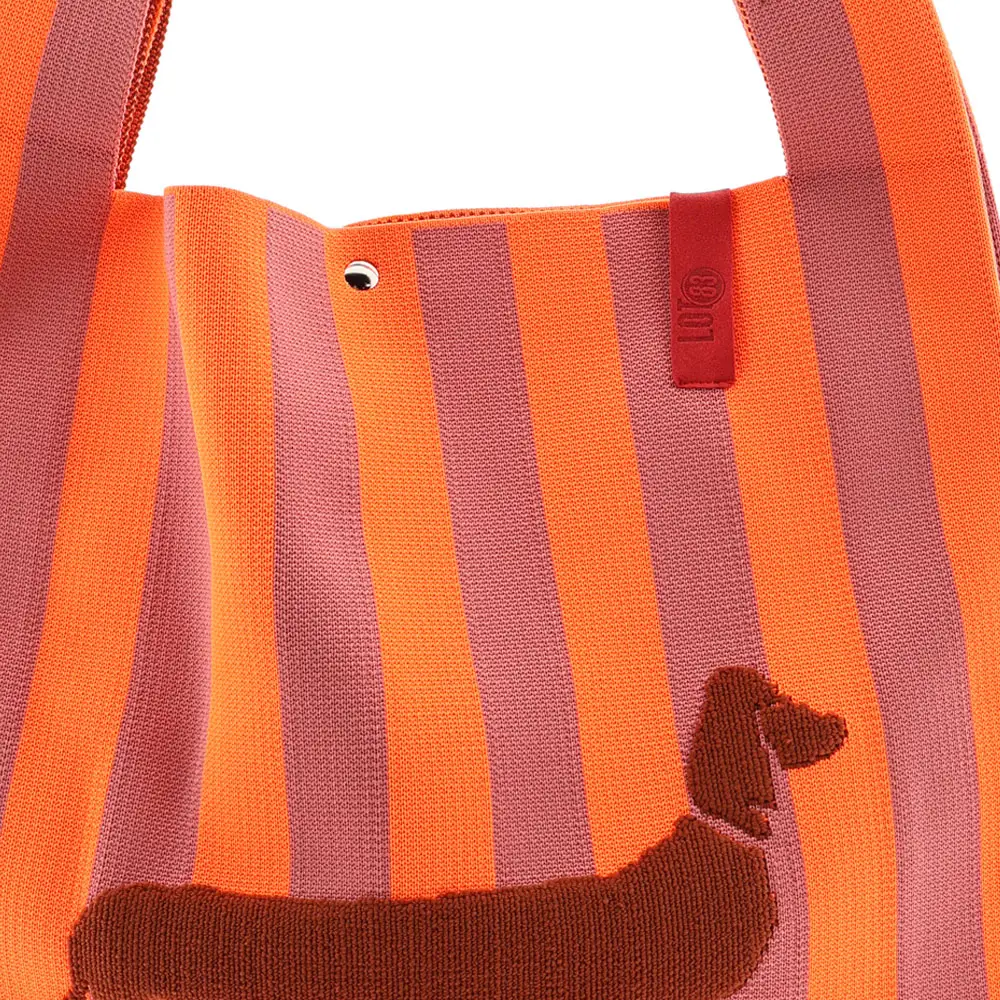 LOT83 REBEL LOIS Material Mix Gestrickte Shopper Tasche Orange & Kakao mit Braun Flock - DACKEL