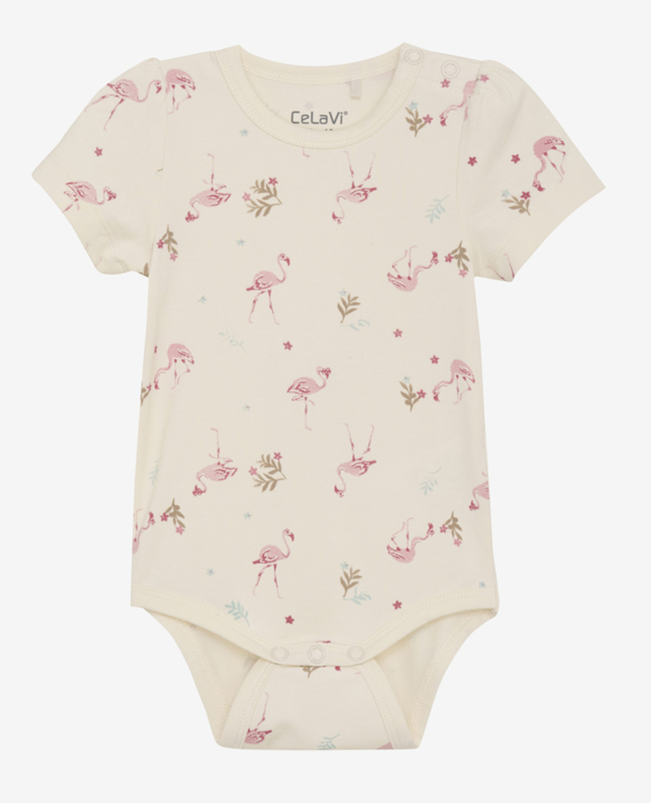 CeLaVi Bambus Kurzarm Body in Cremeweiß mit Allover Flamingos